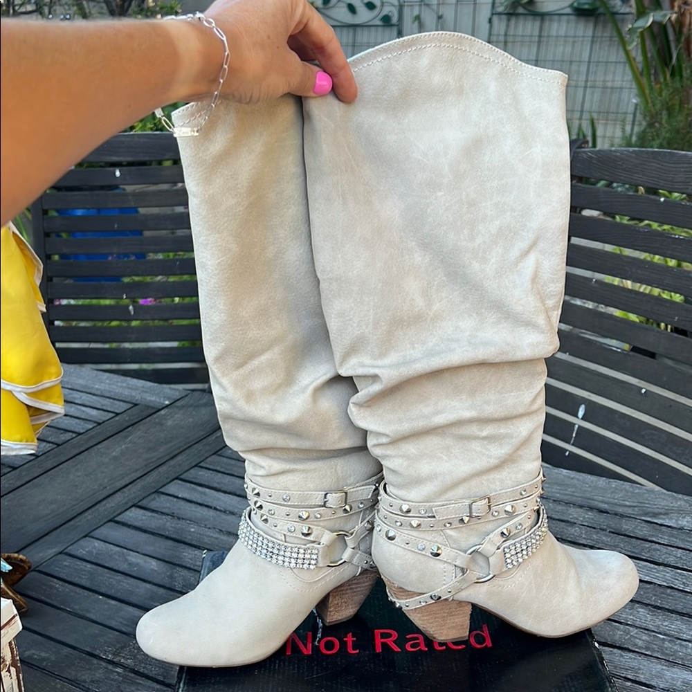 Not Rated Cream Over the Knee Boots with Slouchy Design
